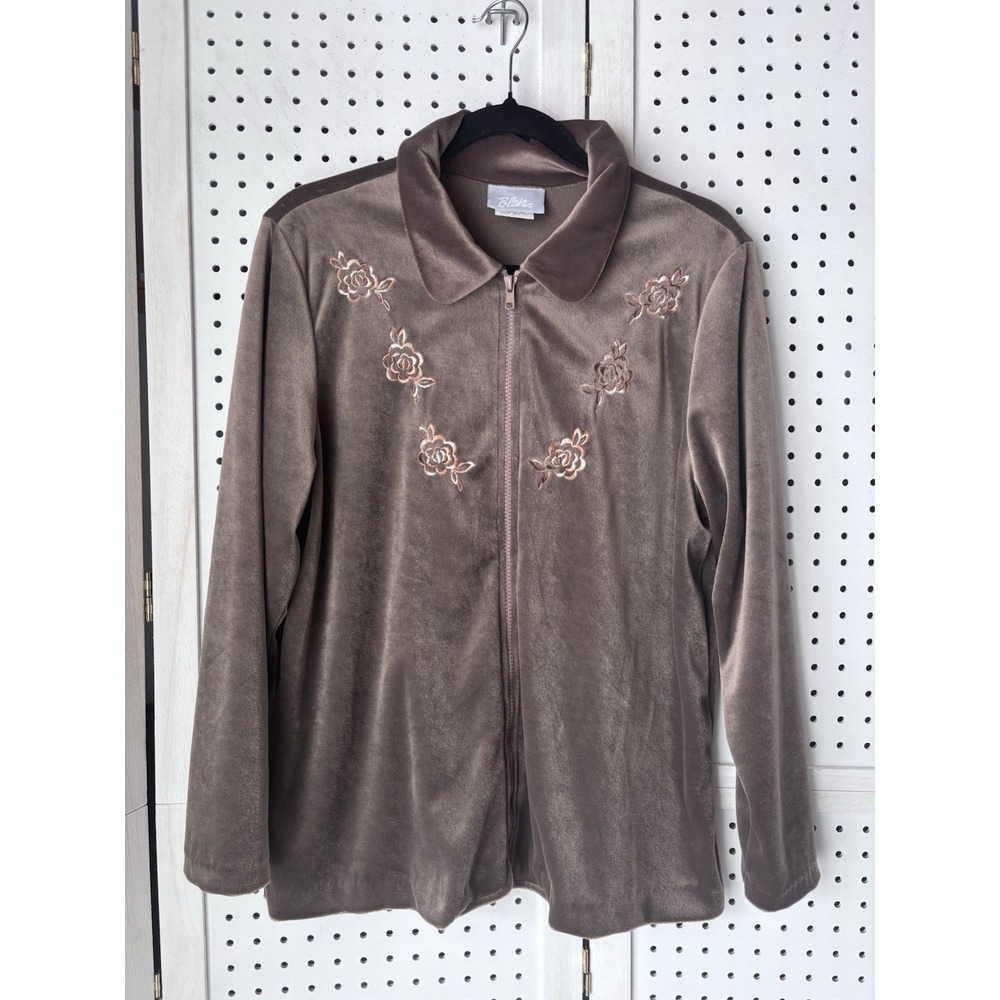 Vintage Blair Women's Medium Petite Brown Velour Track Jacket Zip Up Floral‎